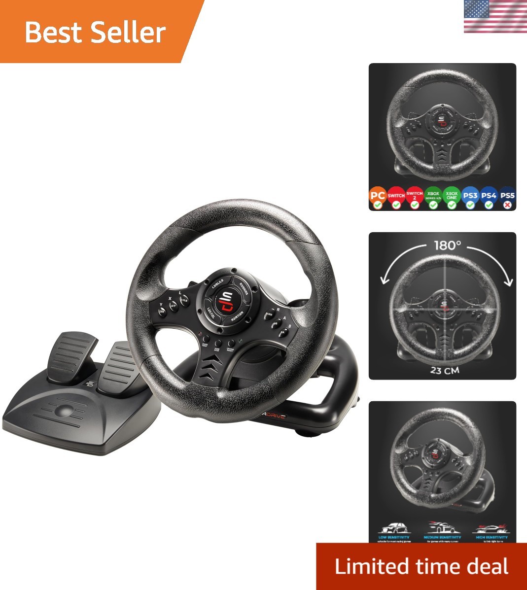 Advanced Racing Steering Wheel with Pedals & Vibration for Xbox and PC – Black