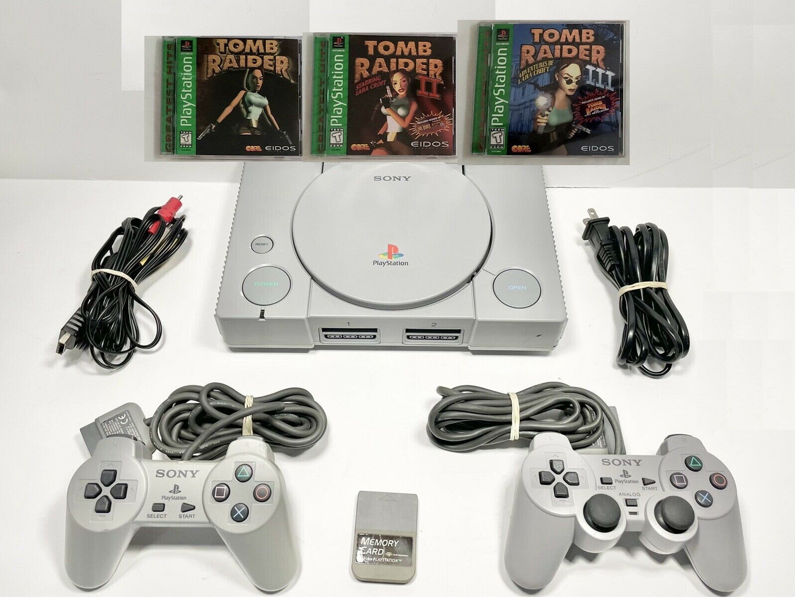 Sony PlayStation 1 PS1 Console TOMB RAIDER 1-2-3 & 2 Controllers & Game Bundle