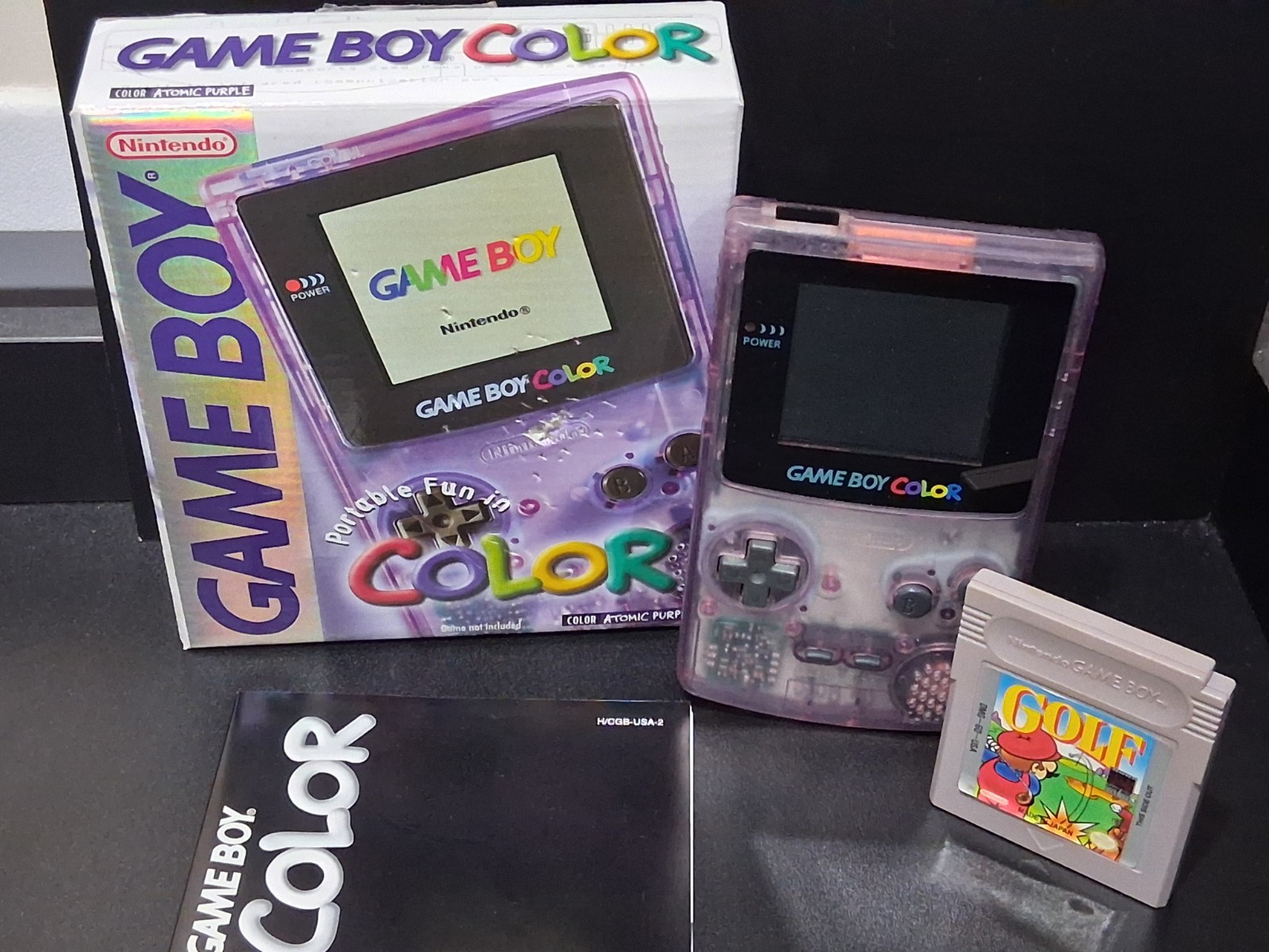 GameBoy Color Atomic Purple Complete In Box Manual CIB W/ GB Golf Cartridge GBC