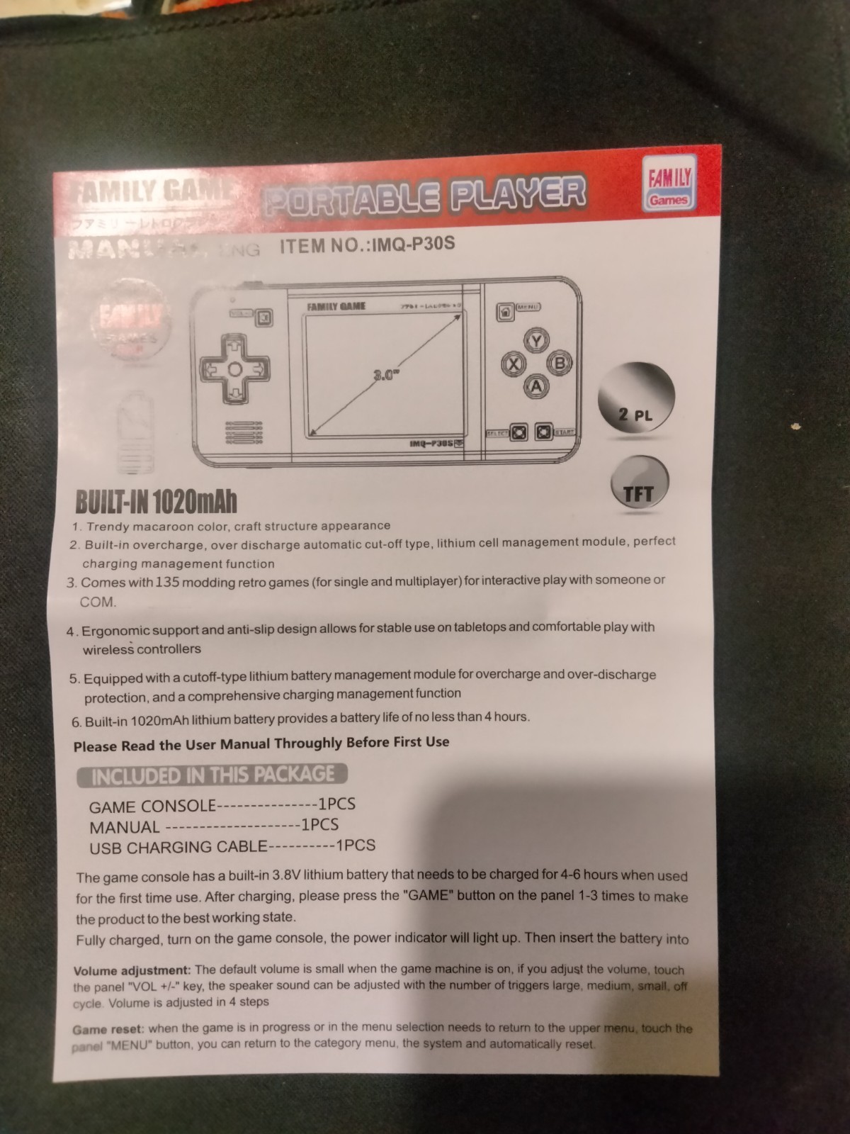 Handheld Game for Kid Preloaded Retro Video Games, Portable Gaming Player- p30s