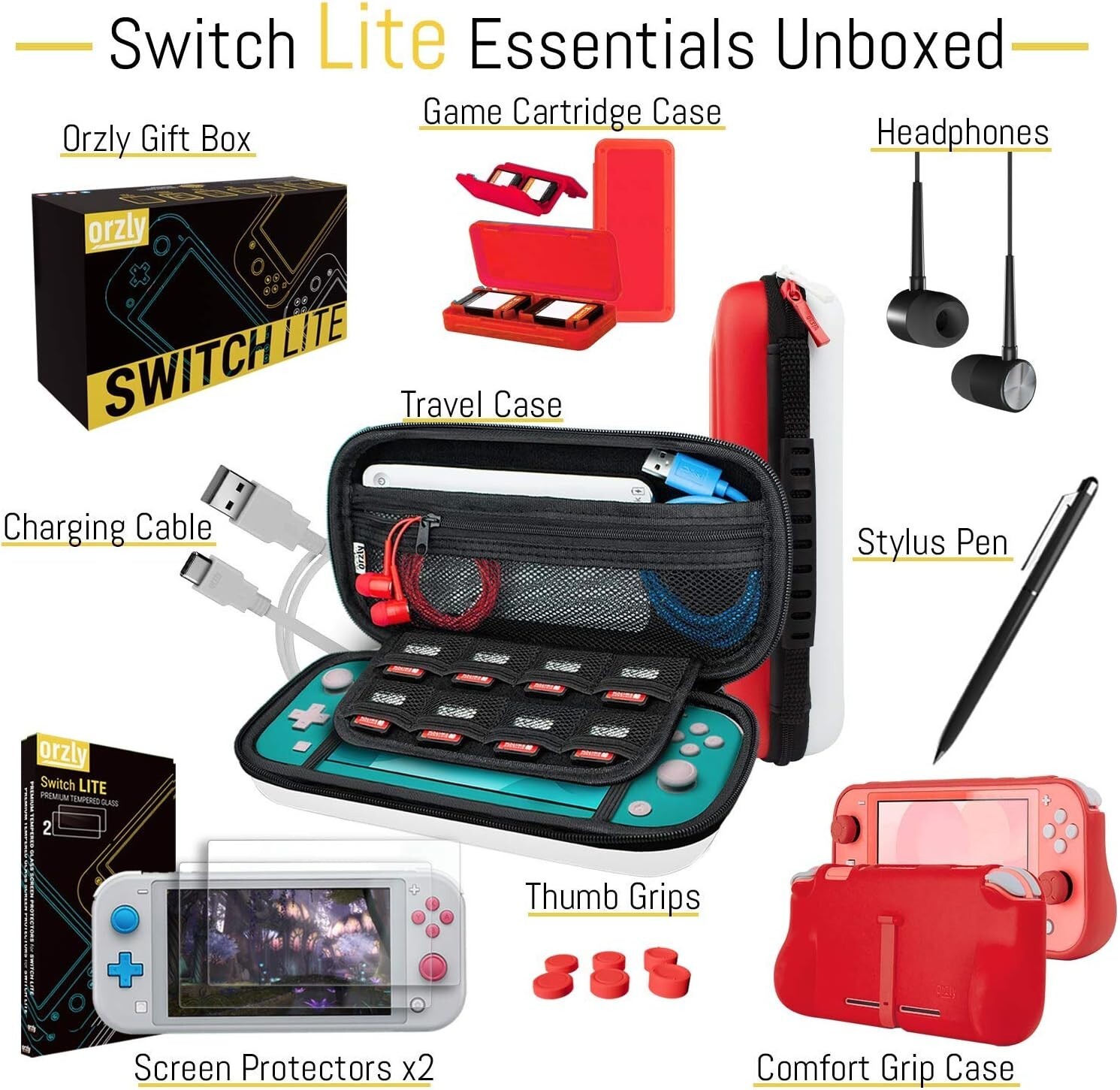 Nintendo Switch Lite Ultimate Essential Gaming Bundle Pack Red/White by Orzly