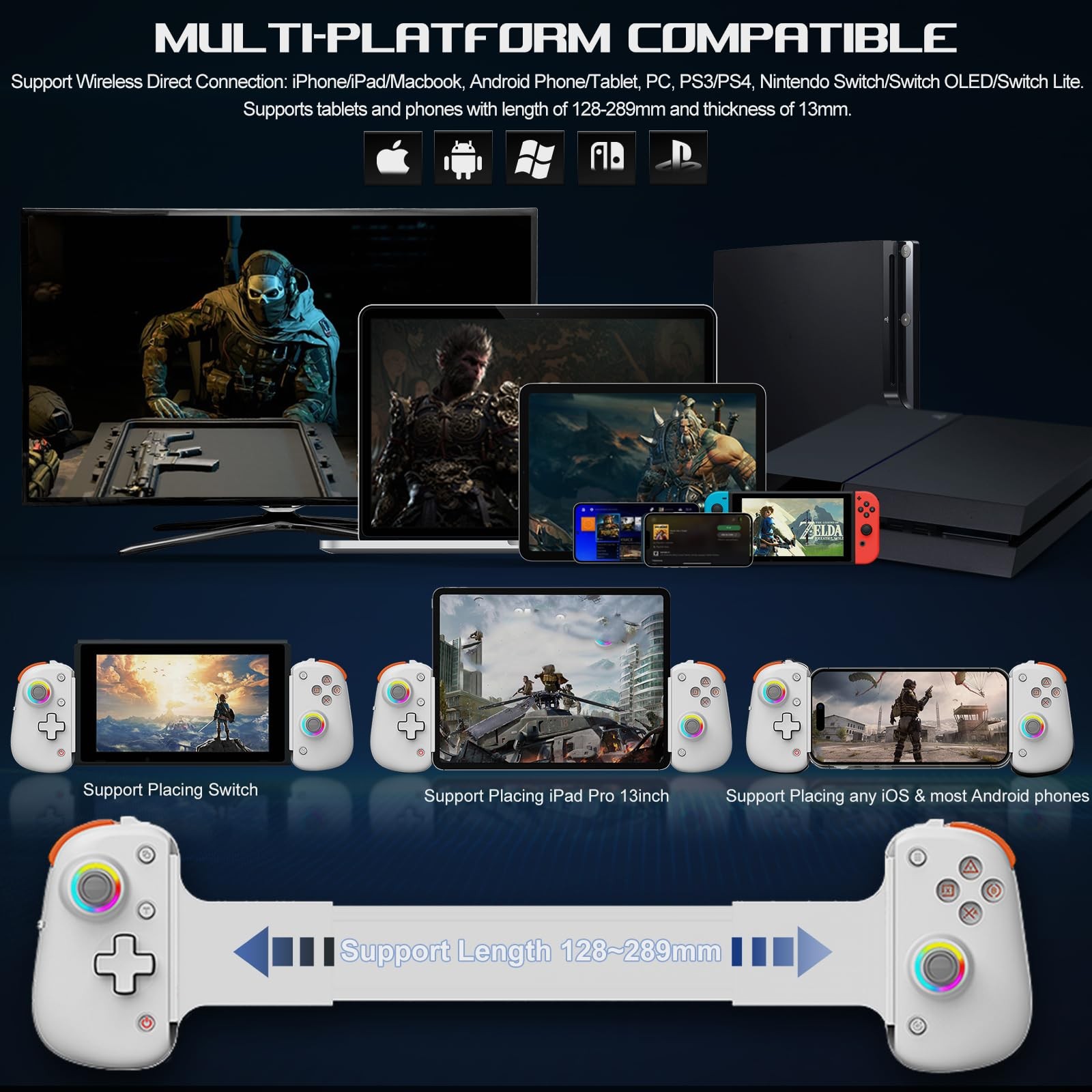 Wireless Hall Effect Gamepad iOS/Android (5-13″) Cloud/Steam/CODM RGB/Turbo Keys