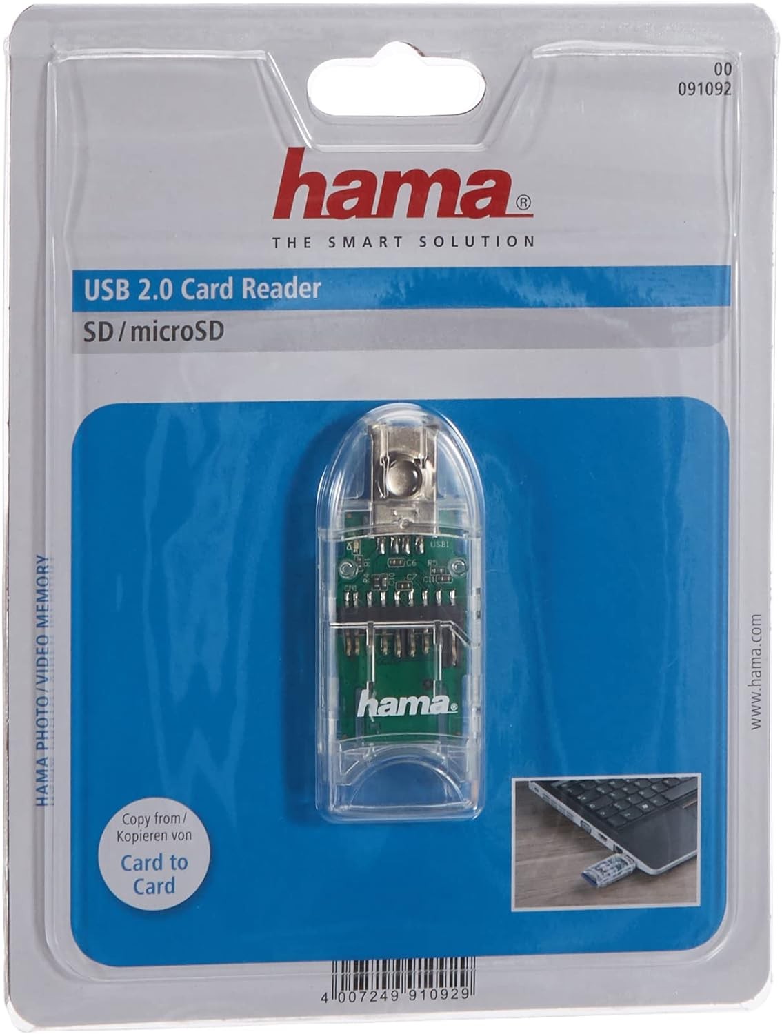 Hama 91092 8 in1 SD/MicroSD Card Reader with Direct USB 2.0 Connection, Transp