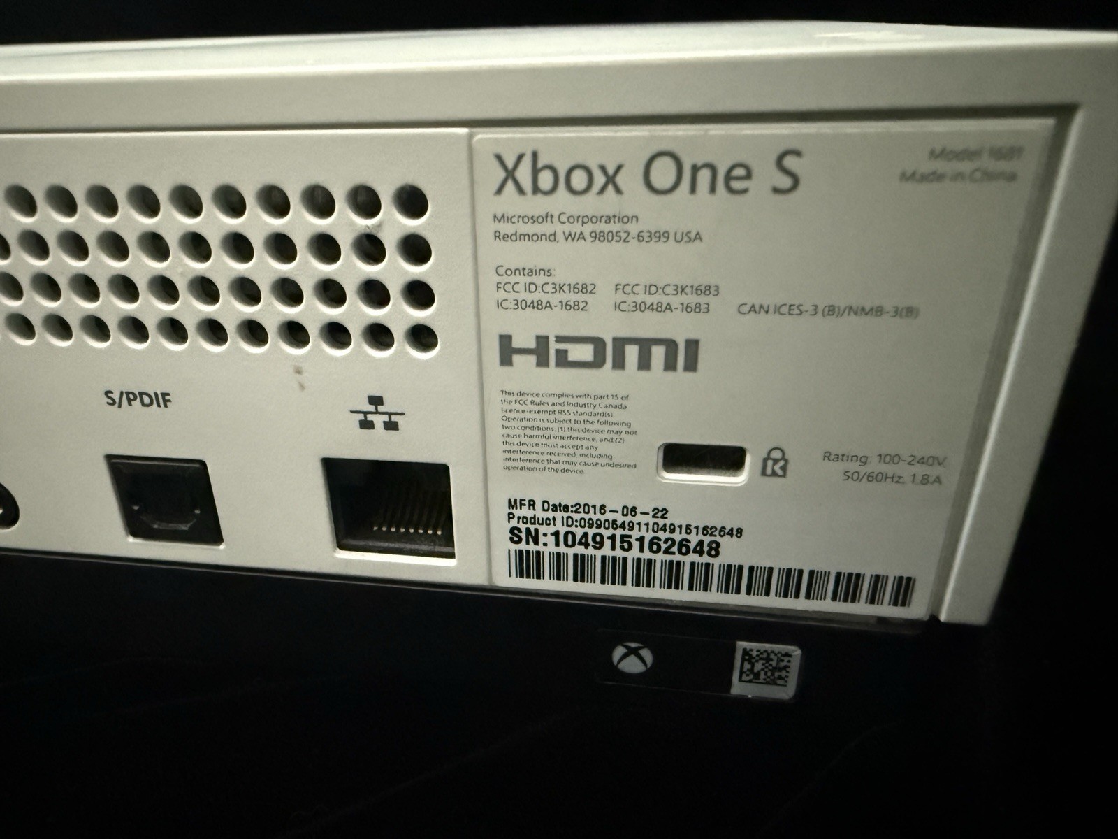 Microsoft Xbox One S (Model 1681) 500GB White Gaming System Console Only, Tested