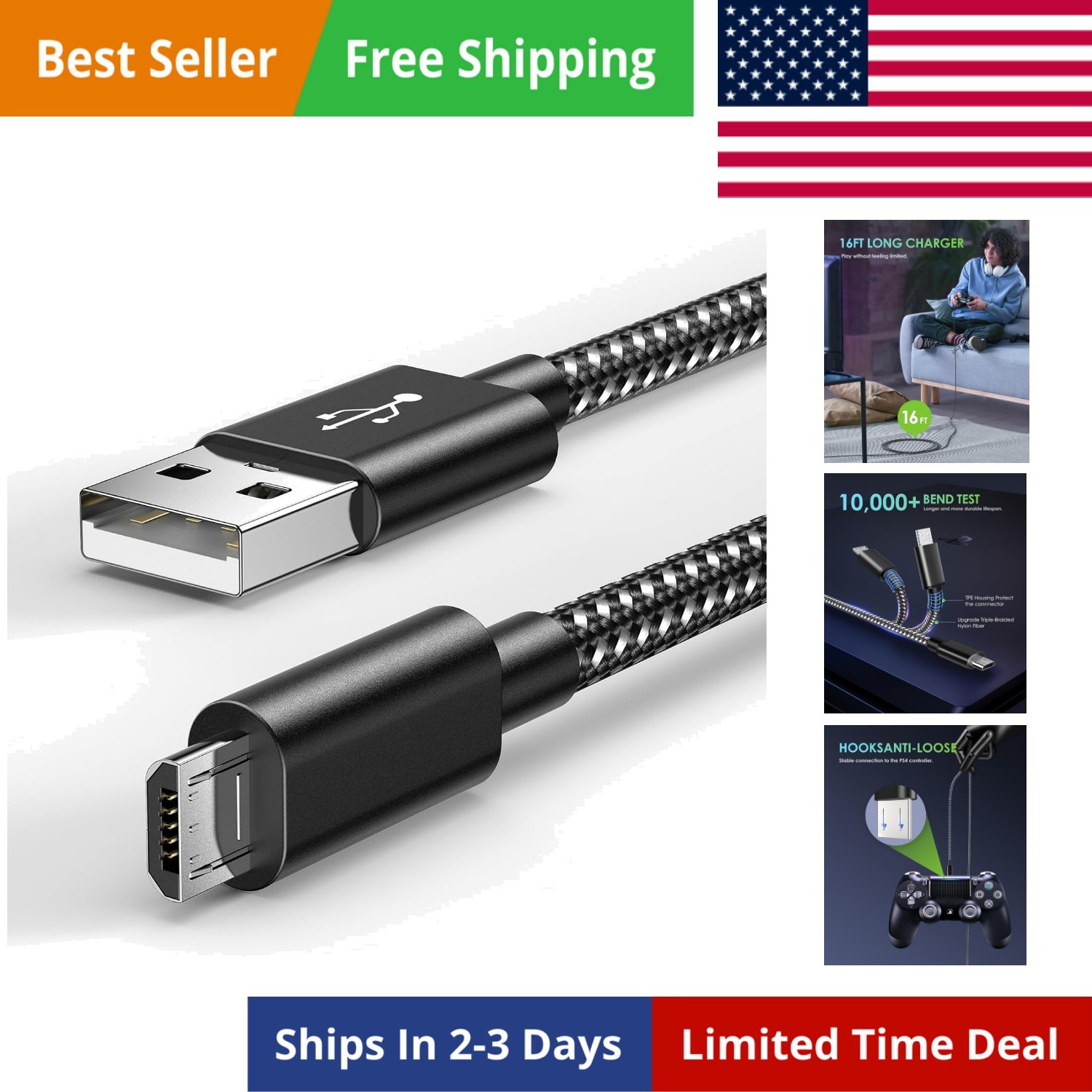 16 FT PS4 Controller Charger Charging Cable, Nylon Braided Extra Long Micro U…