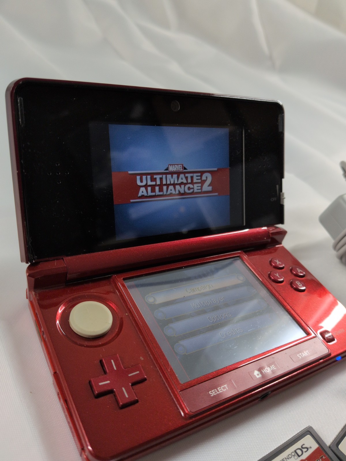 Nintendo 3DS Flame Red Handheld Console System CTR-001 & 4 Super Hero Game Lot