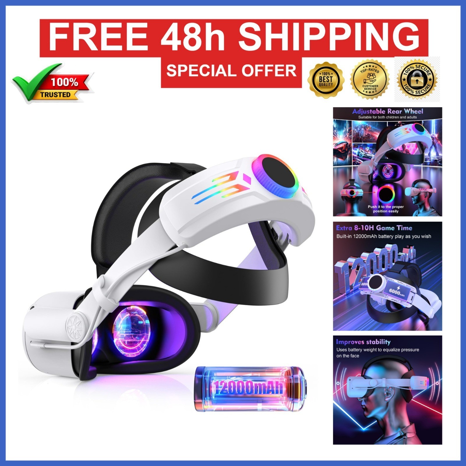 BROKELIT RGB Head Strap with 12000mAh Battery for Oculus Quest 2