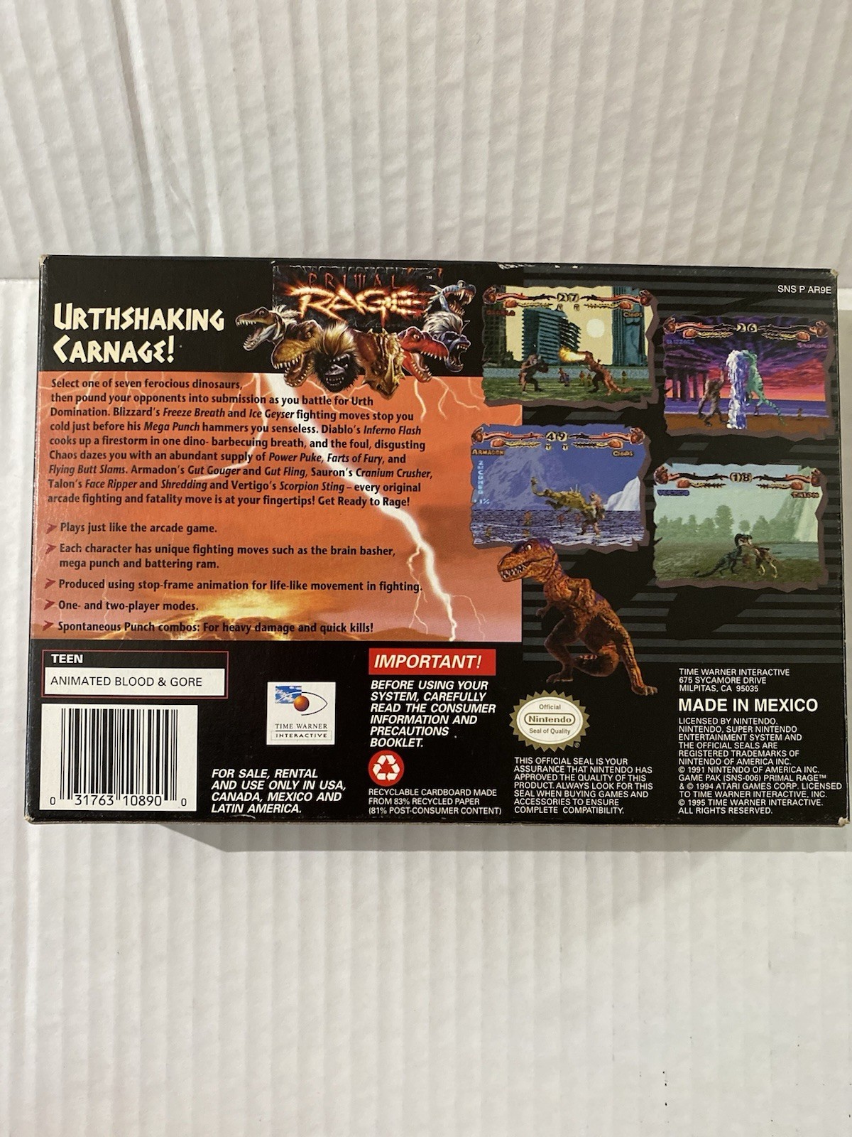 Primal Rage Super Nintendo SNES Complete Very Clean! Tested