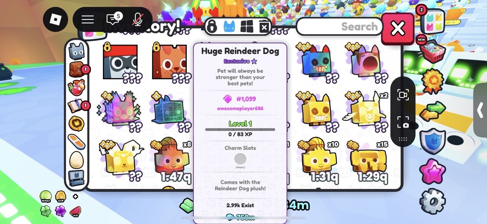 Pet Simulator X Huge Reindeer Dog Plush (and In Game Pet Through Trade)