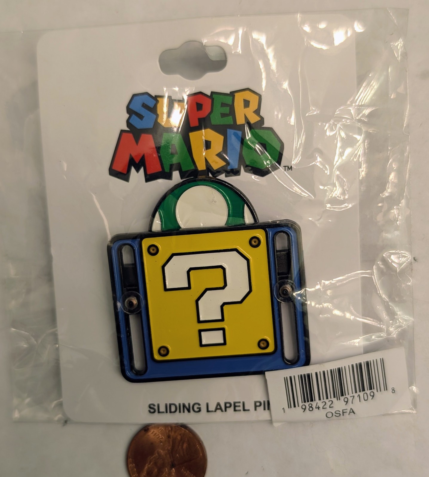 Nintendo.Super Mario Bros.1 UP mushroom.Sliding Lapel Pin.Power Up ? Block/box