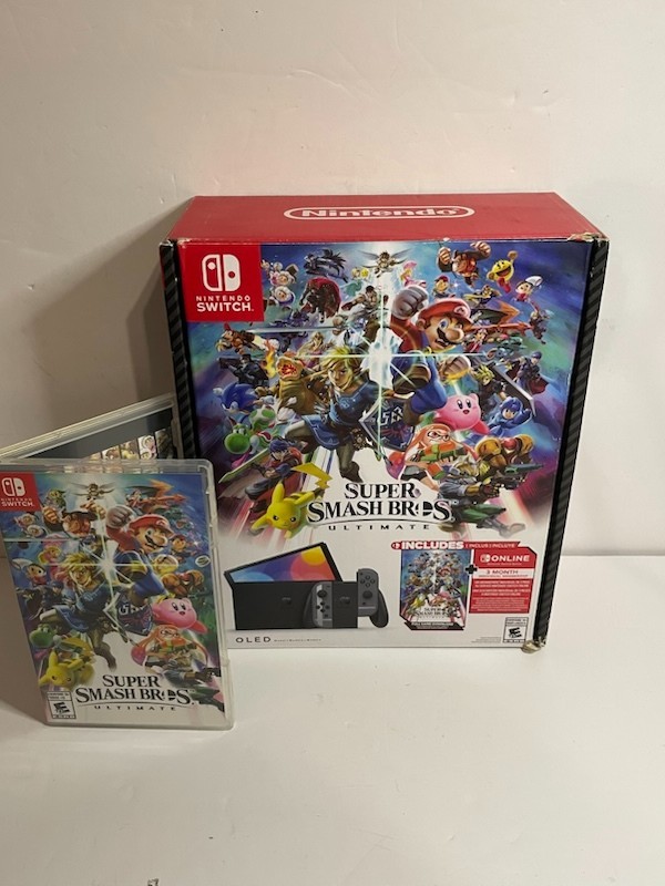 Nintendo Switch OLED Console Smash Bros Bundle W/ GAME Cartridge + 12mo Membersh