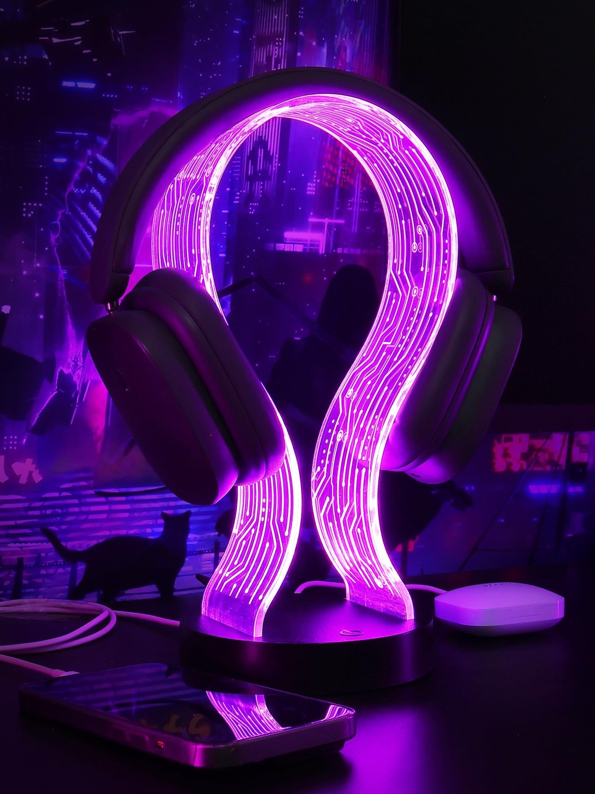 Light Up Headphone Stand with 16 Color Lights, PCB Pattern Acrylic Headset St…