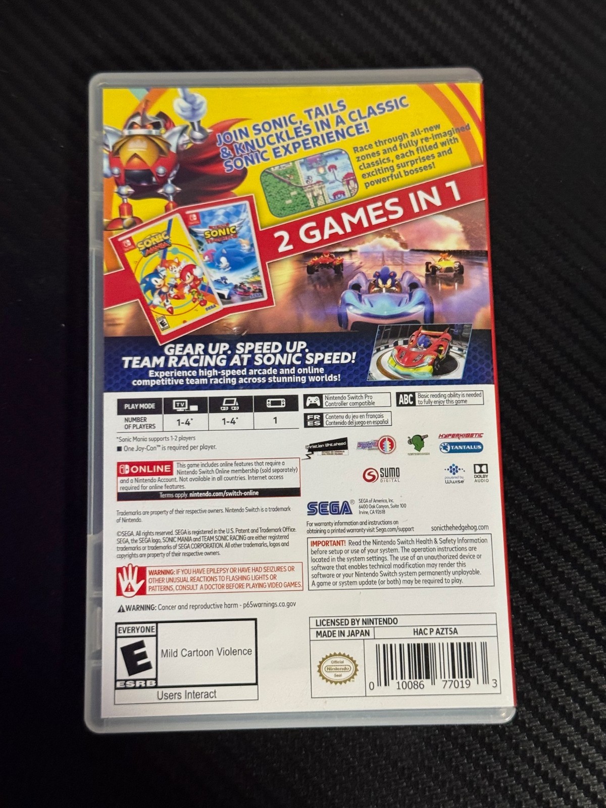 Sonic Mania + Team Sonic Racing Nintendo Switch Case Only NO GAME USED