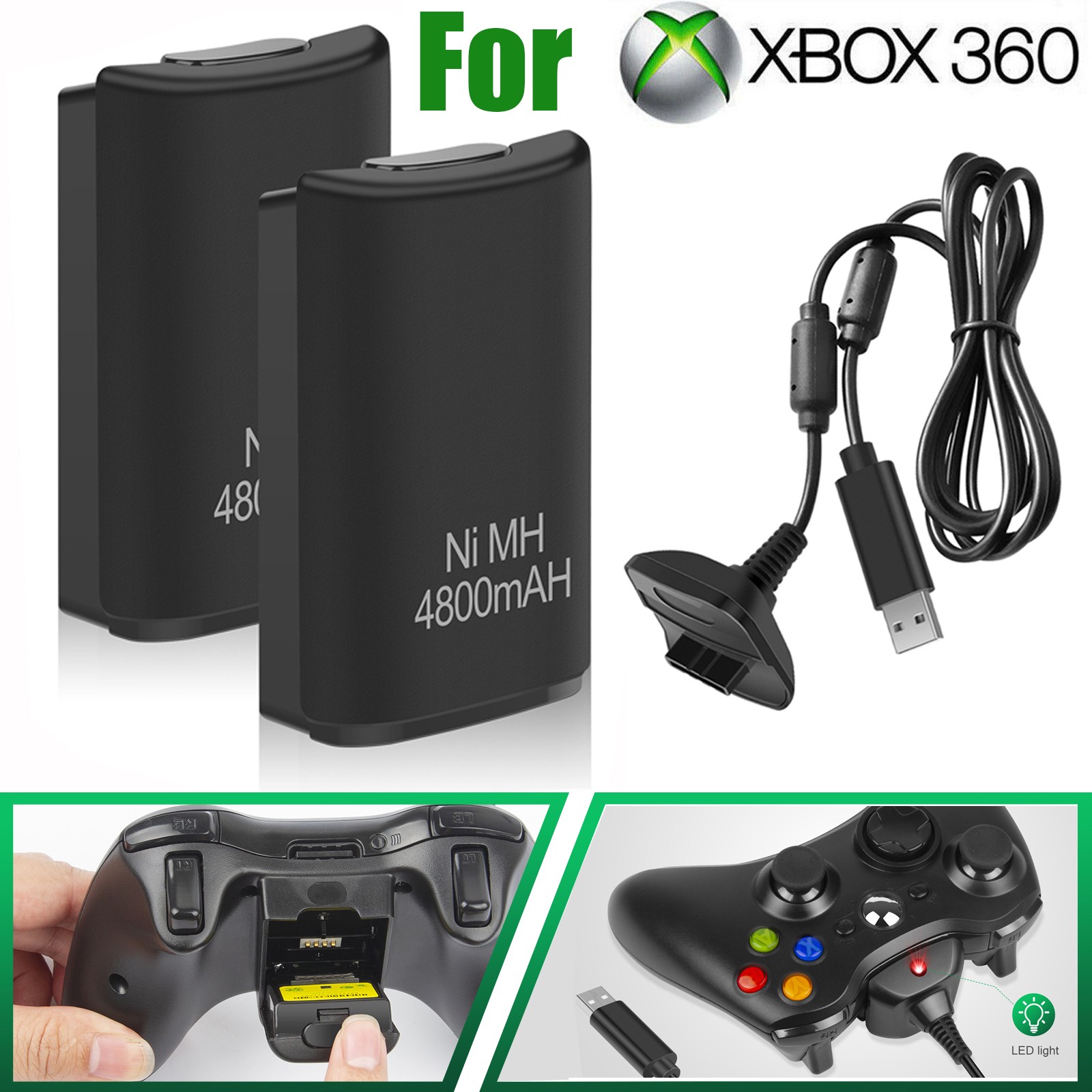 2pcs Rechargeable Battery Pack USB 4800mAh Charger Cable For XBox 360 Controller