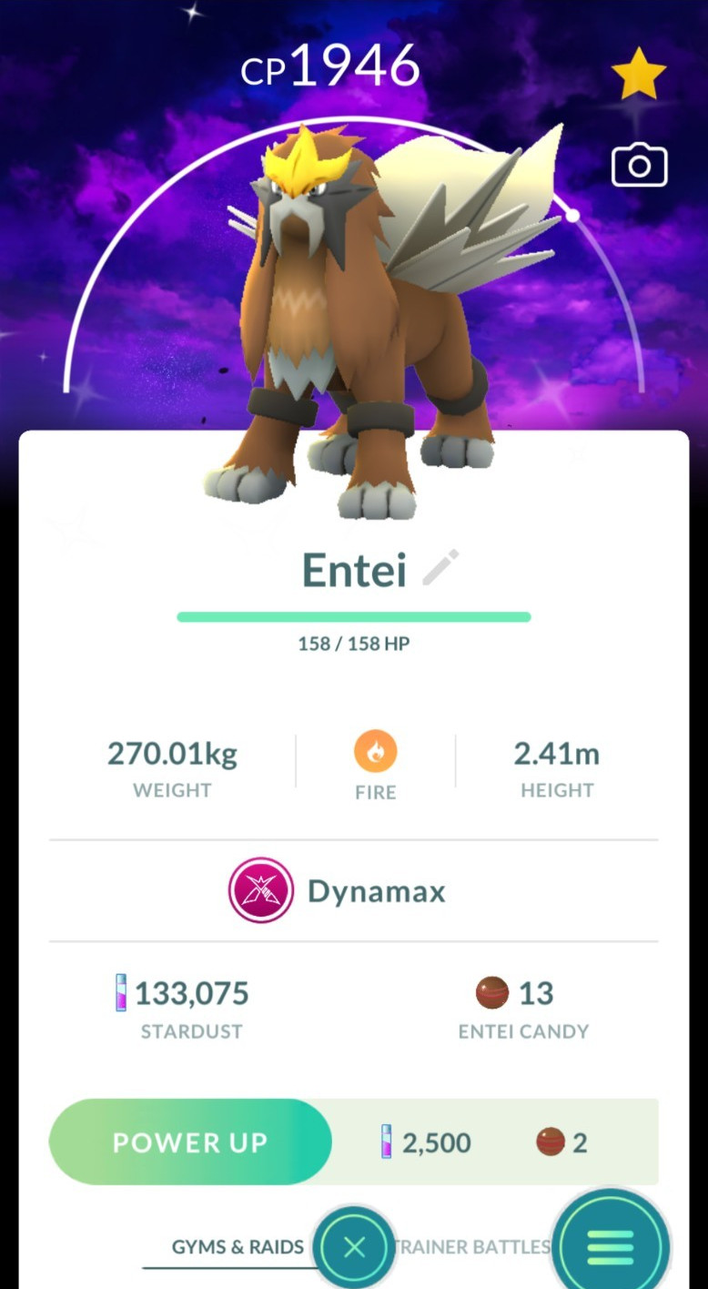 Shiny Dynamax Entei Dark Skies background – P T C 0R Trade 20k Stardust