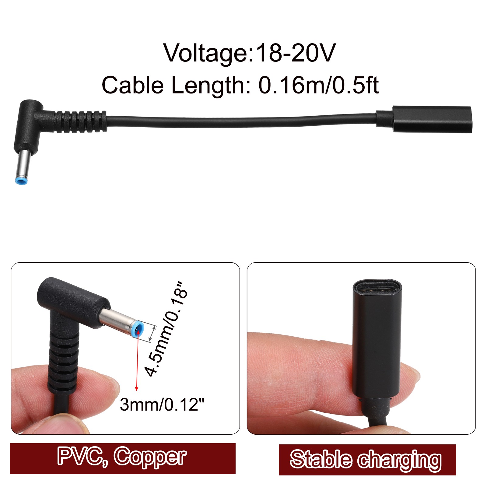 0.5FT USB C to DC PD Power Fast Charging Cable, 4.5mmx3mm 65W/18V-20V(Black)