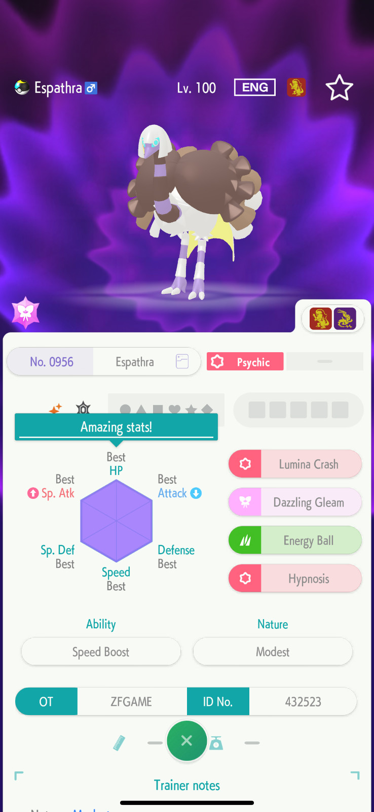 ✨6IV SHINY Espathra + EVS🚀 POKEMON HOME✨Champions✨Online delivery⚡