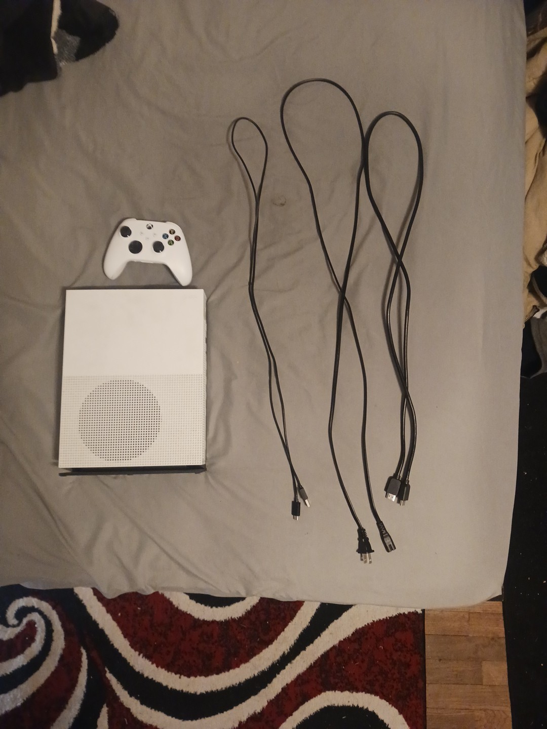 Xbox One S Console with a 6ft Power Cordand and a 5 ft HDMI Cable.