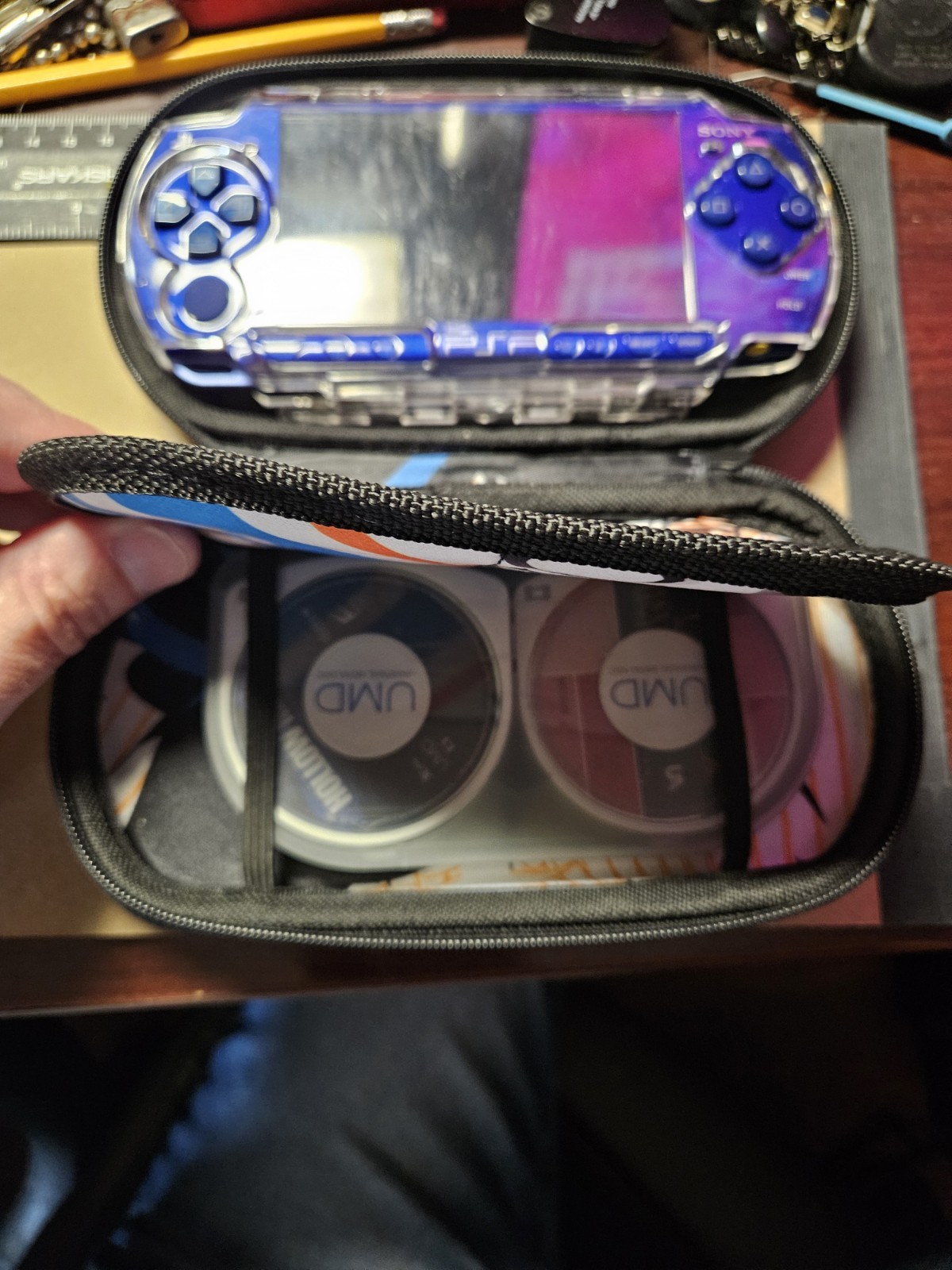 Sony PSP-2001 Metallic Blue Console Bundle OEM Charger Case 3 UMD Movies Tested