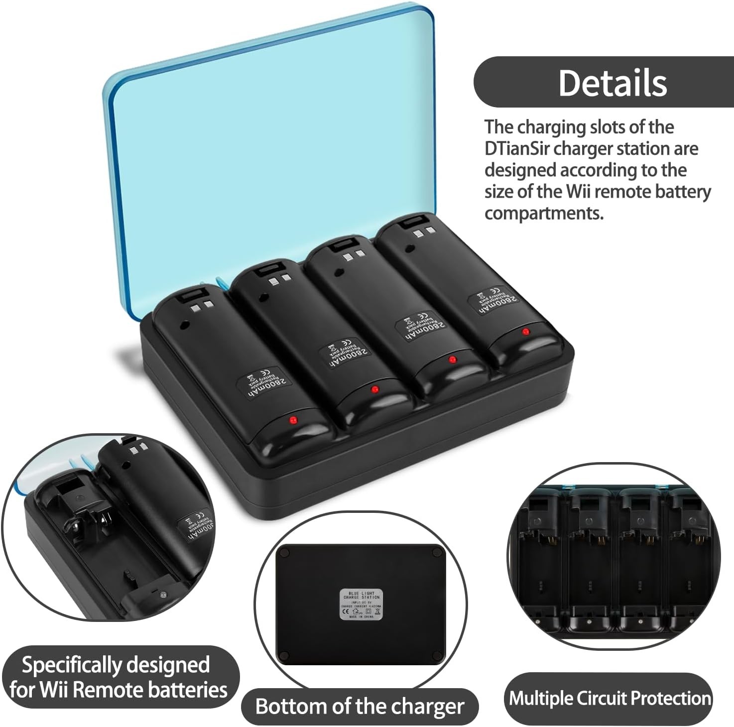 Wii Remote Battery Charger,4 in 1 Charging Station with 4 Pack 2800mAh