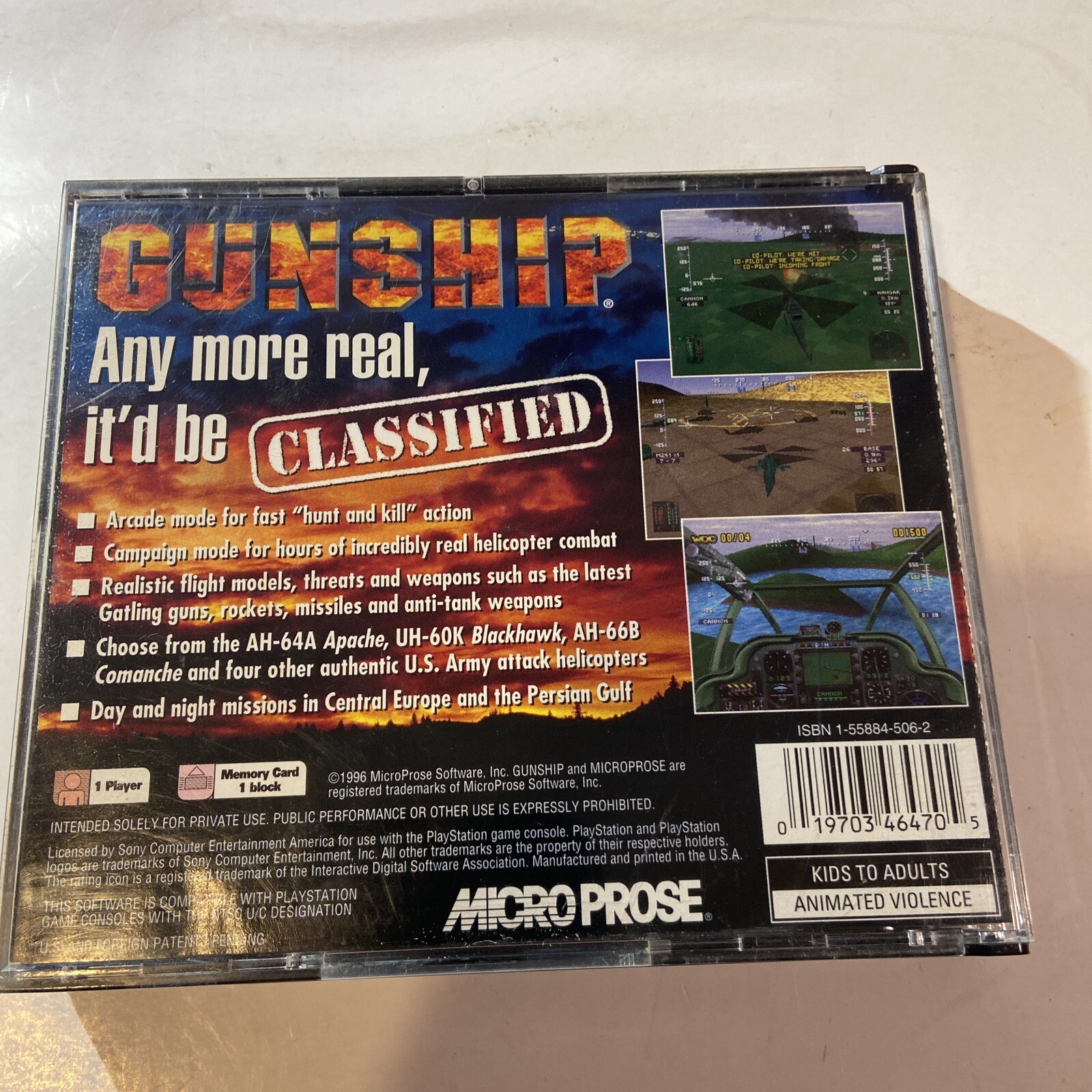 GUNSHIP GAME W/ CASE & MANUAL (SONY PLAYSTATION 1996)