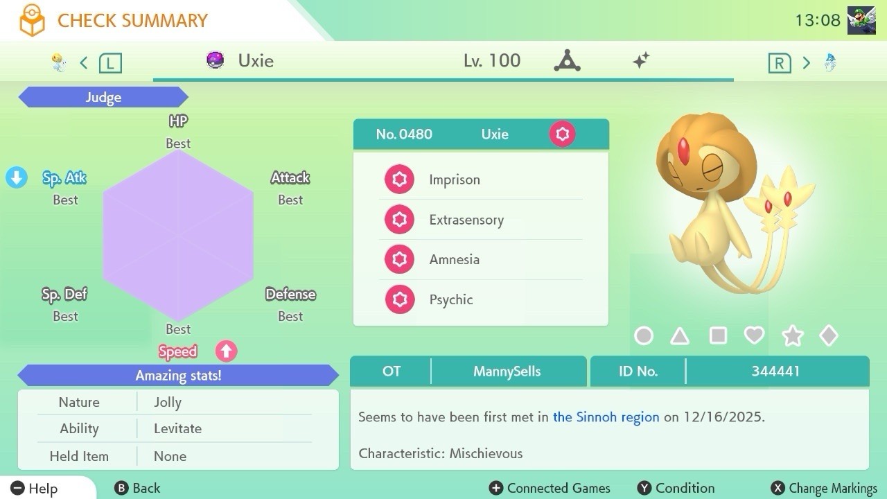 BDSP Caught Legendaries Shiny/Non Shiny, 6IV, Level 100, EVs 6HP 252ATK 252SPE
