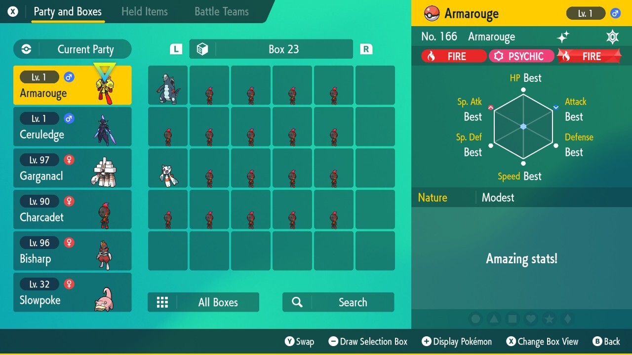 Shiny Armarouge 6IV Lv. 1 Modest Nature Pokemon Scarlet Violet with Master Ball