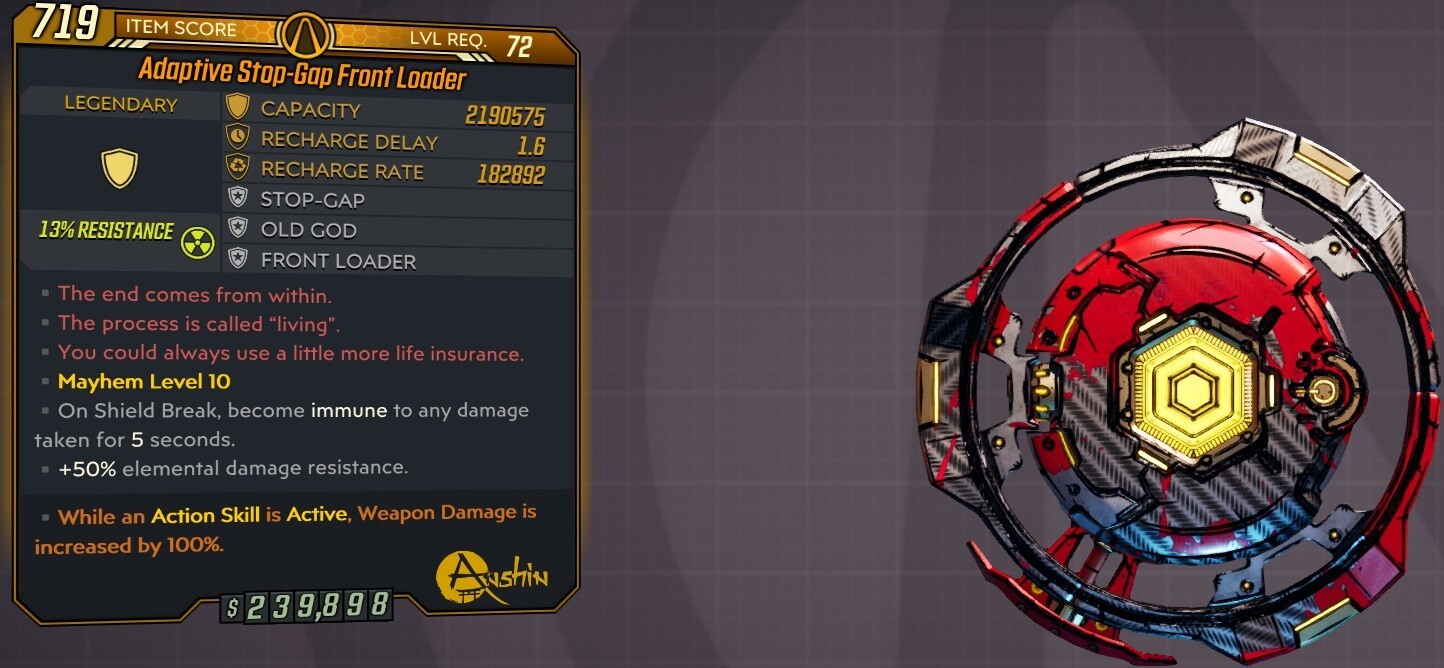 [BORDERLANDS 3 – PC/PS/XB] M10/L72 GODLY SHIELD – 2.19kk SHIELDS – 5S IMMUNE
