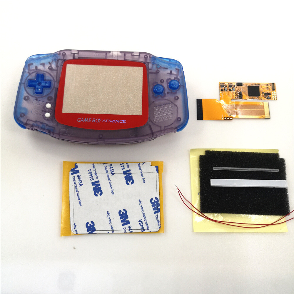 Pre-cut Clear Purple Shell w/Red Lens IPS Screen mod For Game Boy Advance GBA