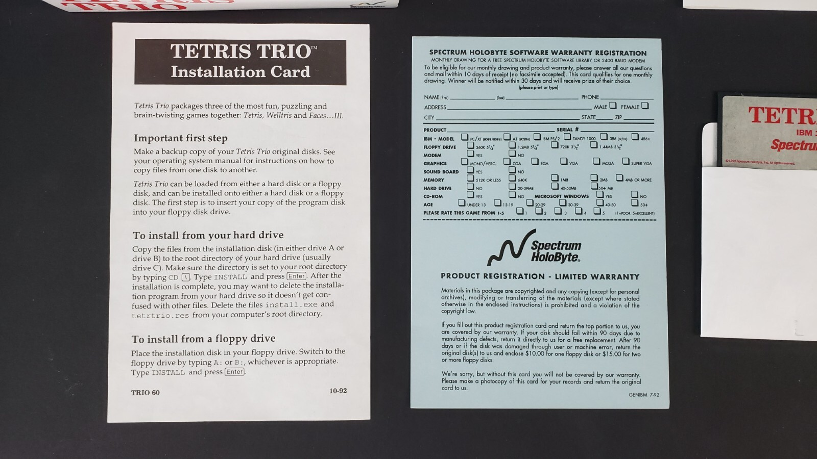 Tetris Trio Spectrum HoloByte IBM PC Video Game Welltris Faces 3.4″ & 5.2 Disks