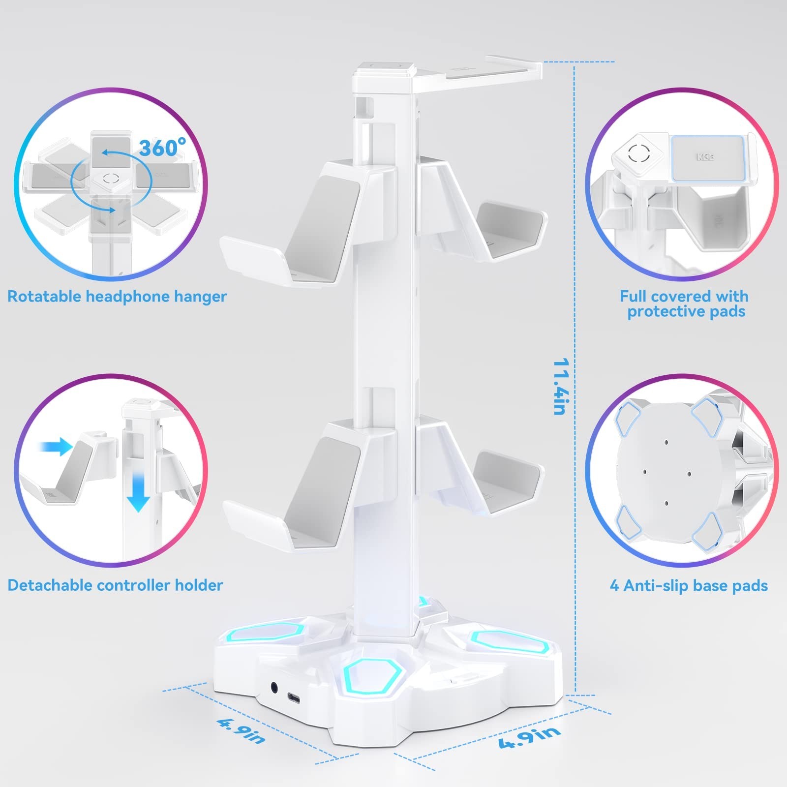 Gaming Headset Stand with RGB Light, 2 USB Ports & 3.5mm Audio Jack – Desktop Ac