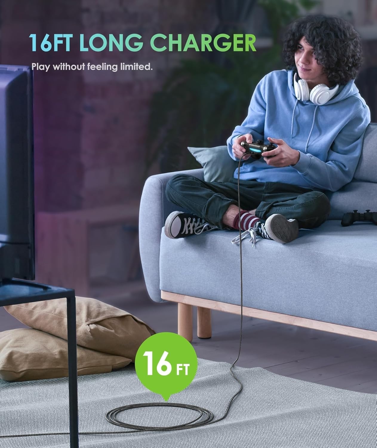 Extra Long 16 FT Nylon Braided Micro USB Charging Cable for Gaming Consoles