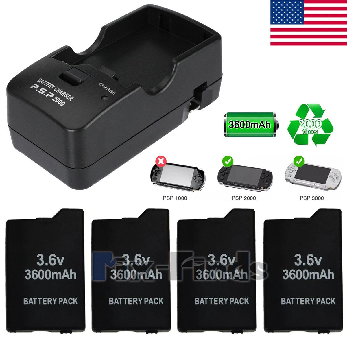 LOT Rechargeable Battery For Sony PSP 2000 2001 PSP 3000 3001 3600mAh 3.6V US
