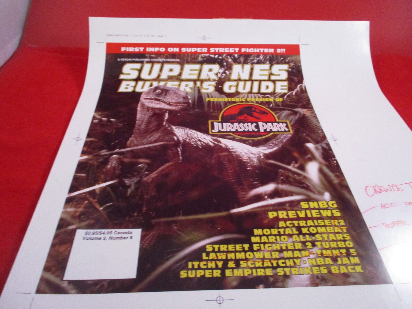 Super NES Buyer’s Guide Magazine Prototype Sheet Jurassic Park Nintendo SNES