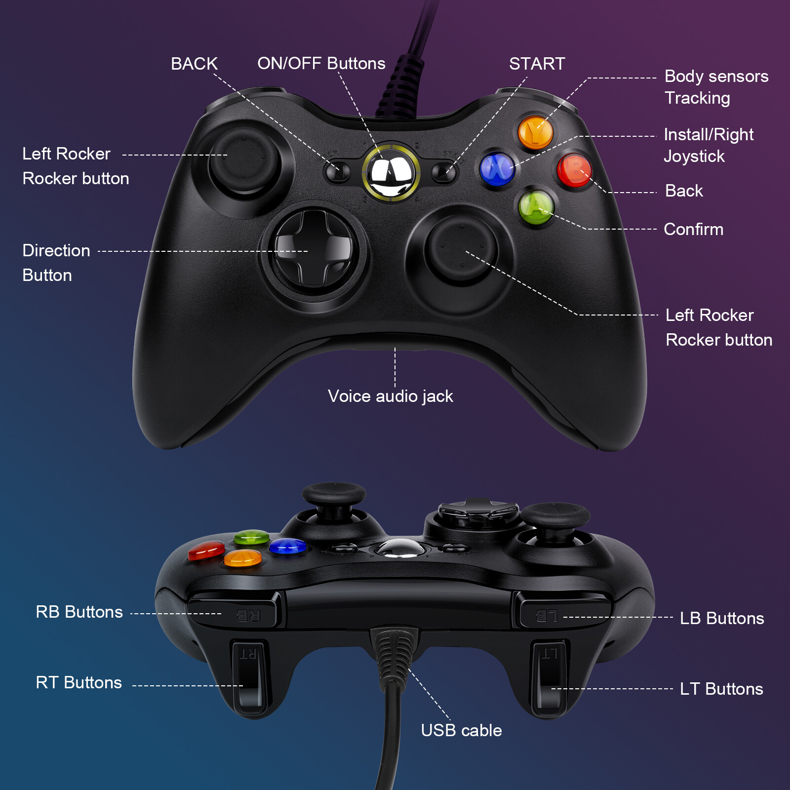 Wired USB Game Controller Gamepad for Microsoft XBOX 360 & PC WIN 7 8 10 Black