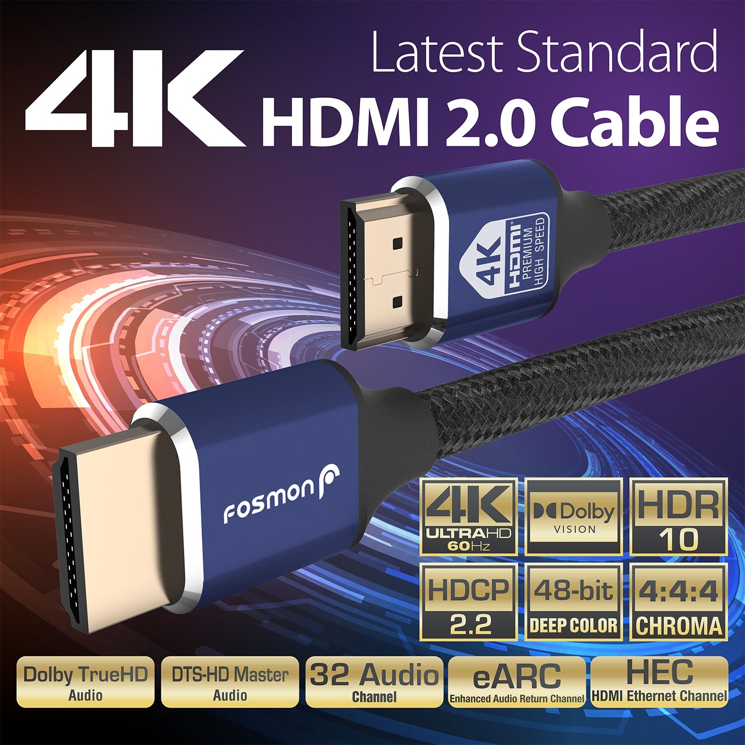 Fosmon [6FT][4K UHD|3D Ready] Gold Plated High Speed Ethernet HDMI 2.0 Cable