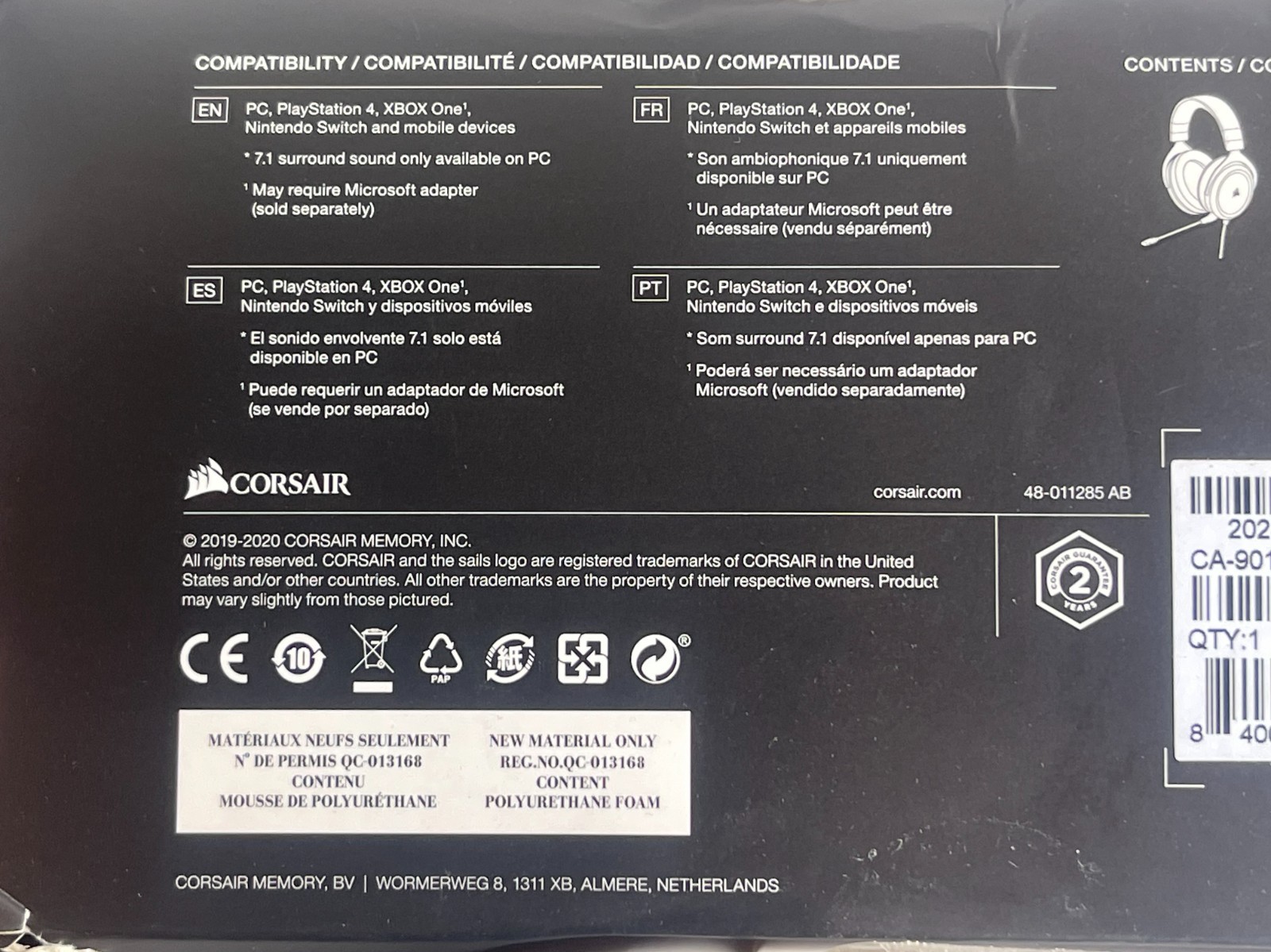 Corsair HS60 Pro Surround Stereo Gaming Headset 7.1 Black CA-9011213-NA New