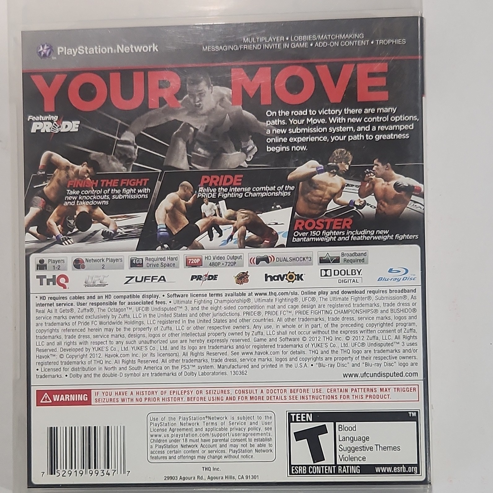 THQ UFC Undisputed 3 PlayStation 3 PS3 DVD Keep Case with Original Manual