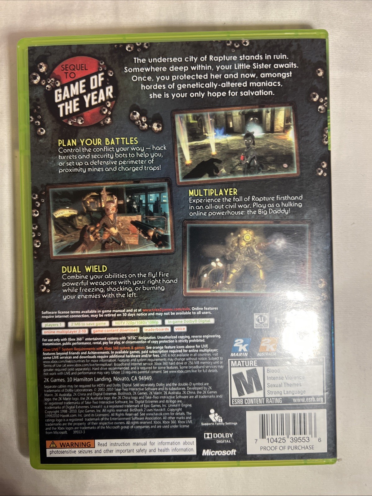 Bioshock 2 (Microsoft Xbox 360) w/Manual Tested Good Cond