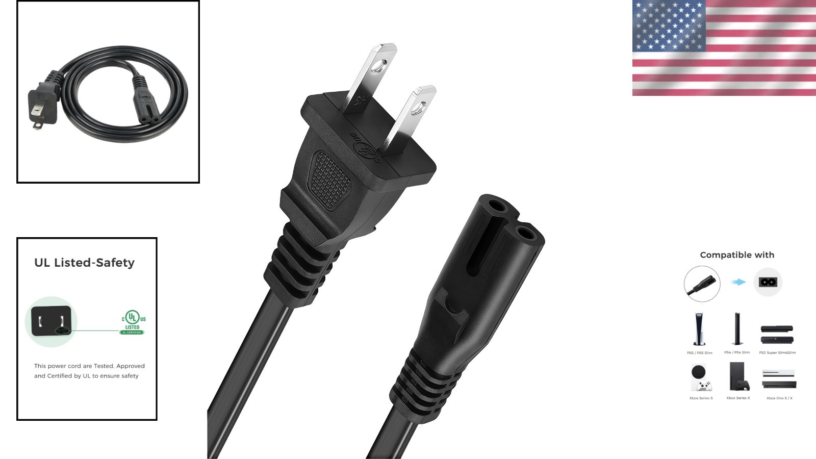 Reliable 3Ft AC Power Cord for Xbox/PS5: Listed & Durable Performance