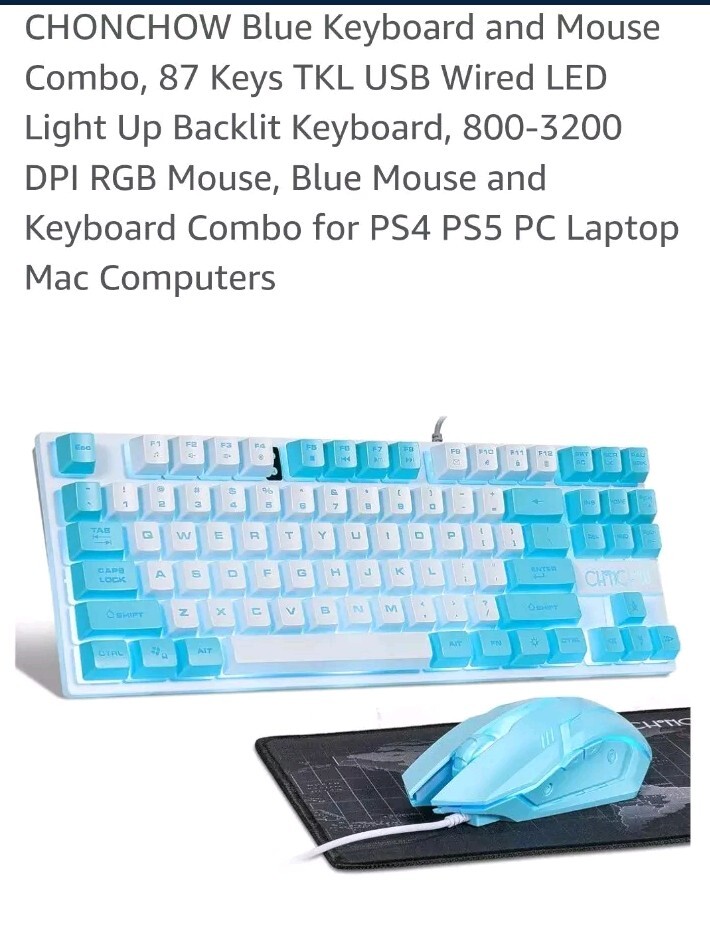 Blue Keyboard and Mouse Combo, 87 Keys TKL USB Wired LED Light Up Backlit Key…
