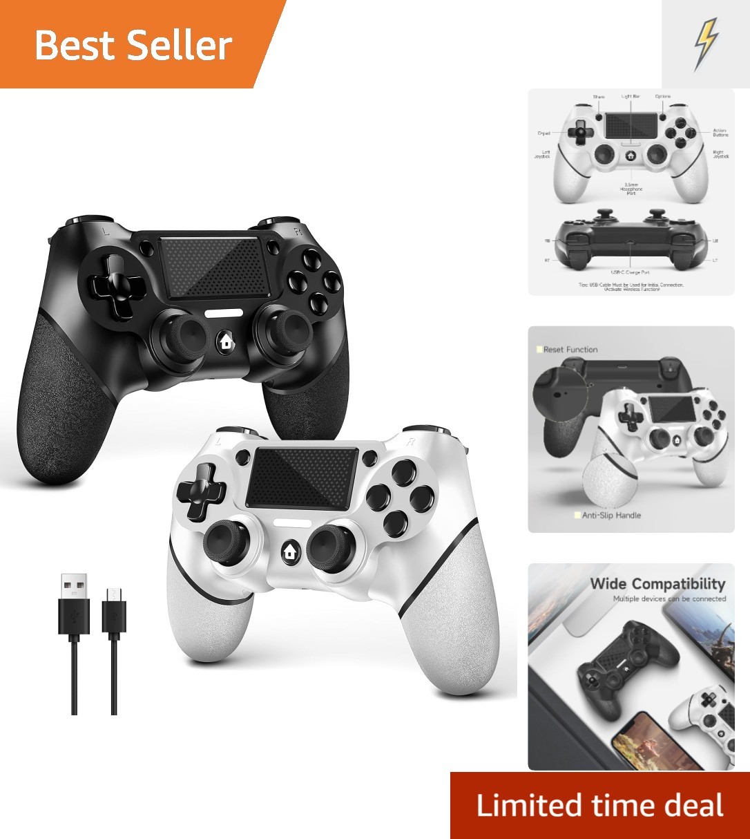 Two Pack PS4 Controllers – Ergonomic Wireless Design with USB-C Cable Included
