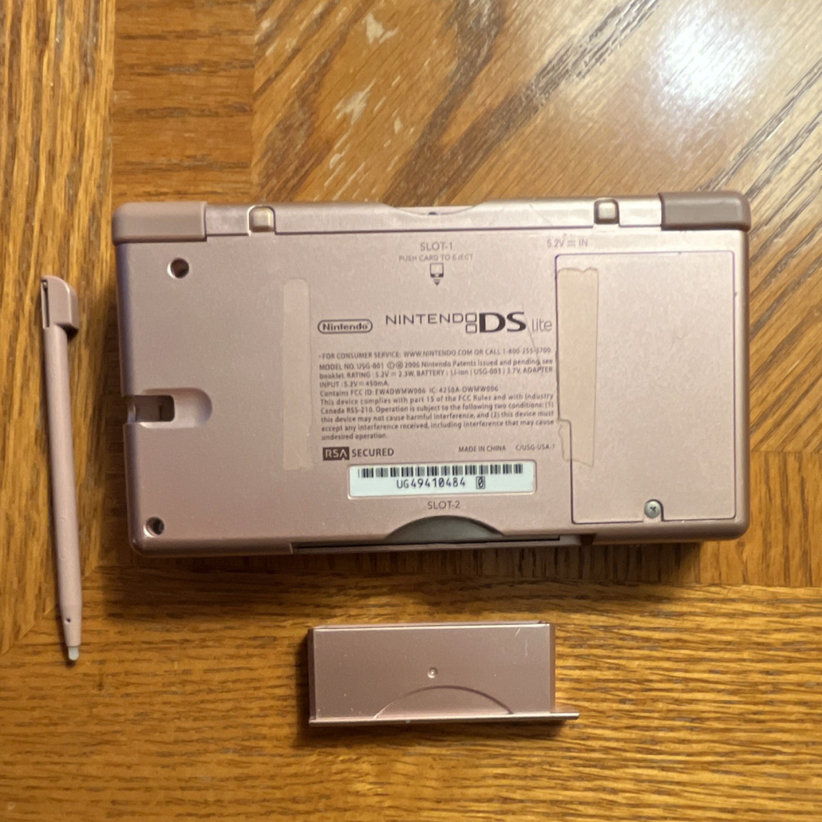 Nintendo DS Lite Pink Handheld Console w/ Stylus, Charger, GBA Slot Cover WORKS