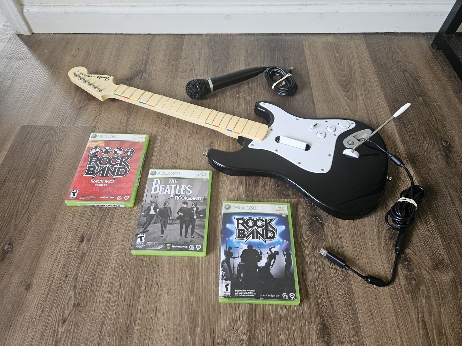 Xbox 360 Rock Band Guitar Bundle x3 Games Controller Console Slim 250GB Tested