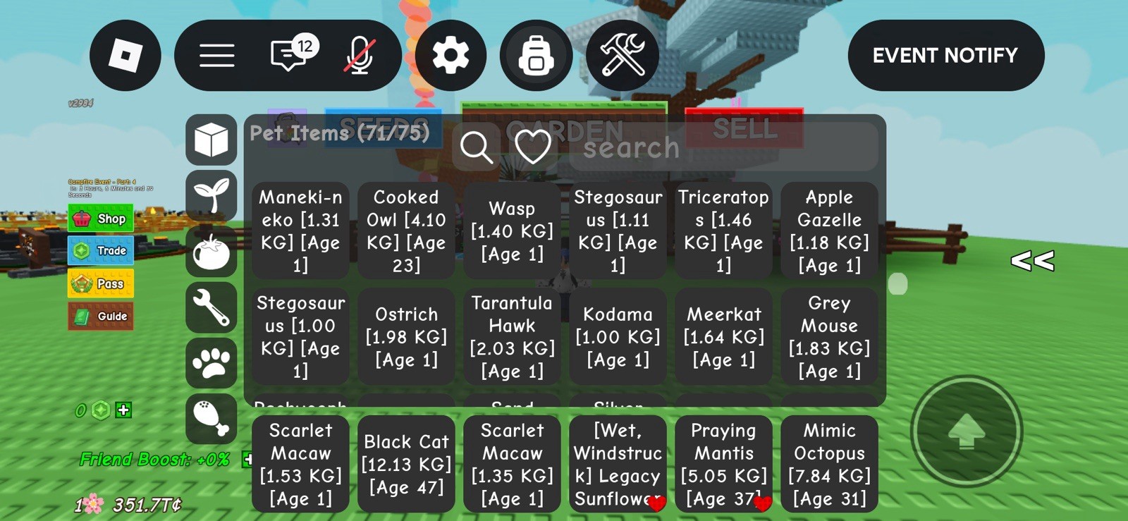 Roblox Grow a Garden Pet Items Inventory Screenshot In-Game Item Bee Kitsune