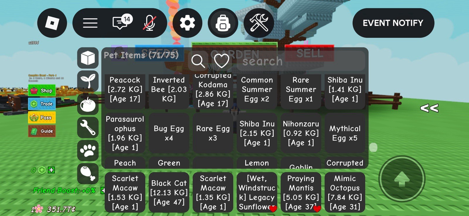 Roblox Grow a Garden Pet Items Inventory Screenshot In-Game Item Bee Kitsune