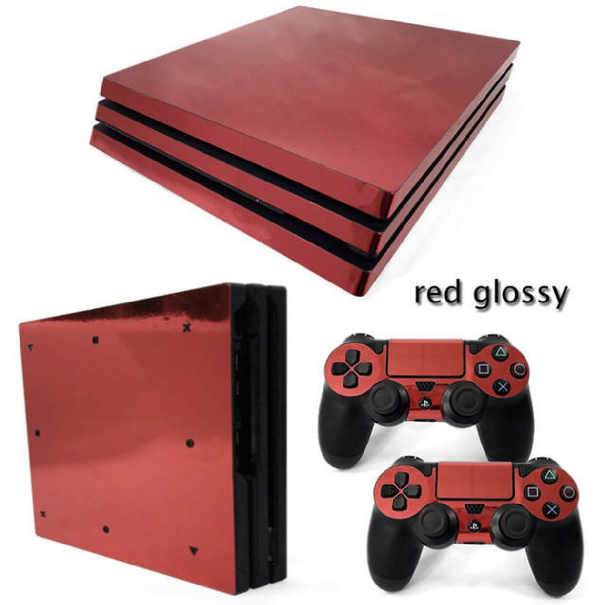 For PS4 PRO Console & 2 Controllers Red Glossy Finish Vinyl Skin Decal