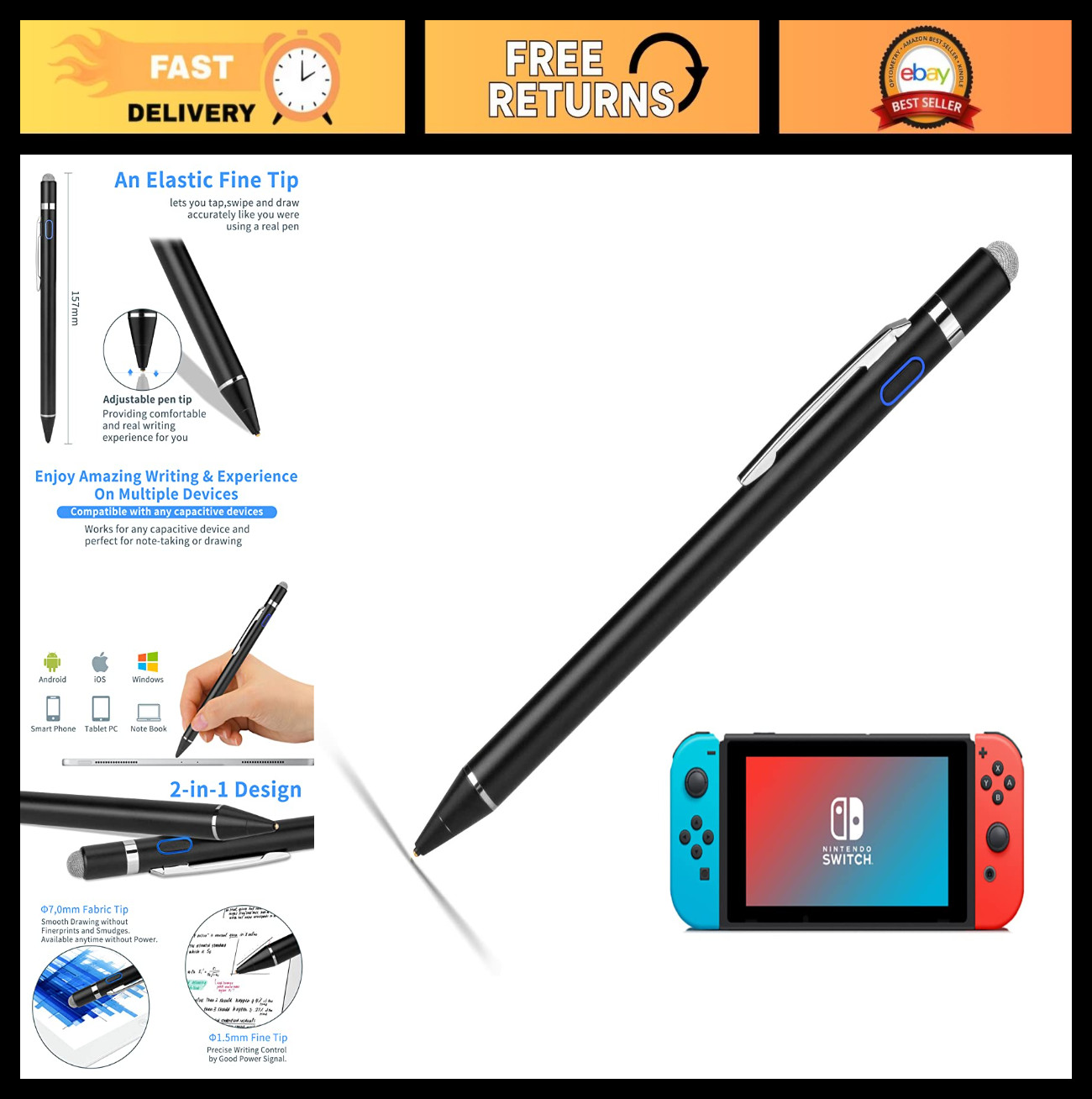 Ultra Fine Tip Stylus Pen for Nintendo Switch – 1.5mm Digital Pencil, Black