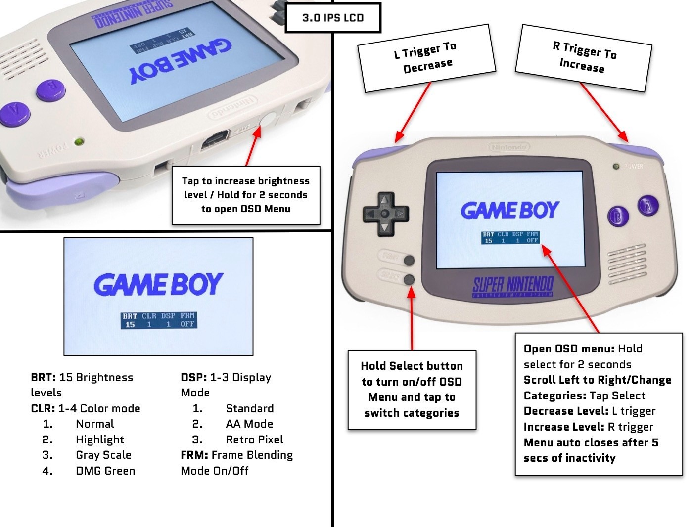 Nintendo Game Boy Advance GBA 3.0 IPS Console UV SNES USB-C Battery