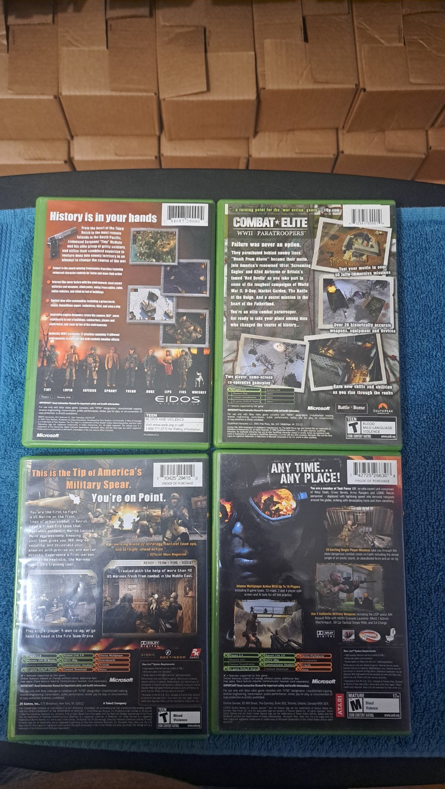 4 Game Xbox lot: Commandos 2 Combat Elite, First to Fight, Combat Taskforce 121